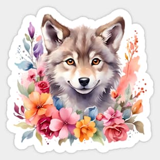 A wolf decorated with beautiful watercolor flowers Sticker